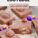 Squares of chocolate fudge with mini Creme Eggs throughout.