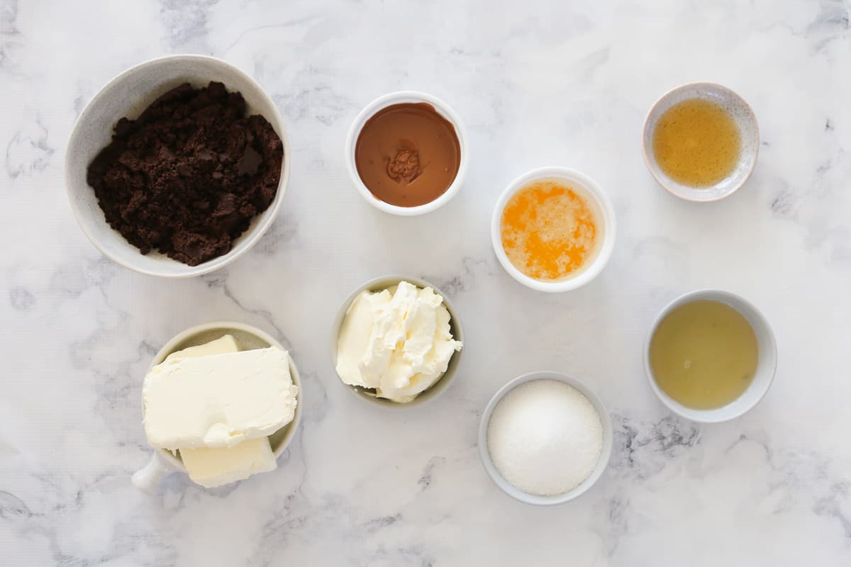 The ingredients for a chocolate cheesecake.