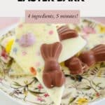 Shards of white chocolate Easter bark decorated with choclate bunnies and mini speckled Easter eggs.