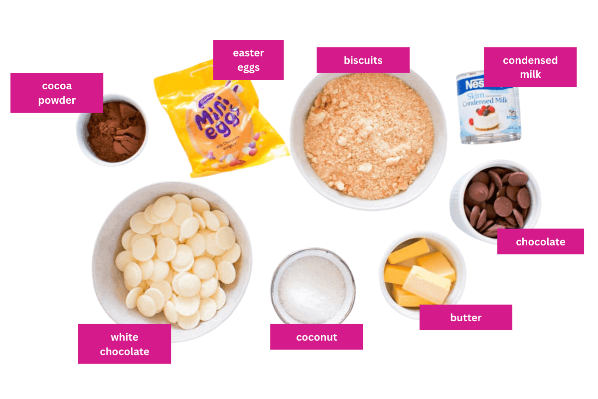 The ingredients for an Easter themed chocolate hedgehog slice.