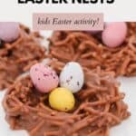 Mini speckled eggs inside chocolate noodle nests.