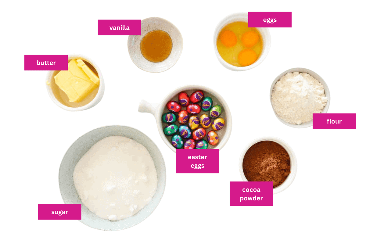 The ingredients for a chocolate brownie filled with Easter eggs.