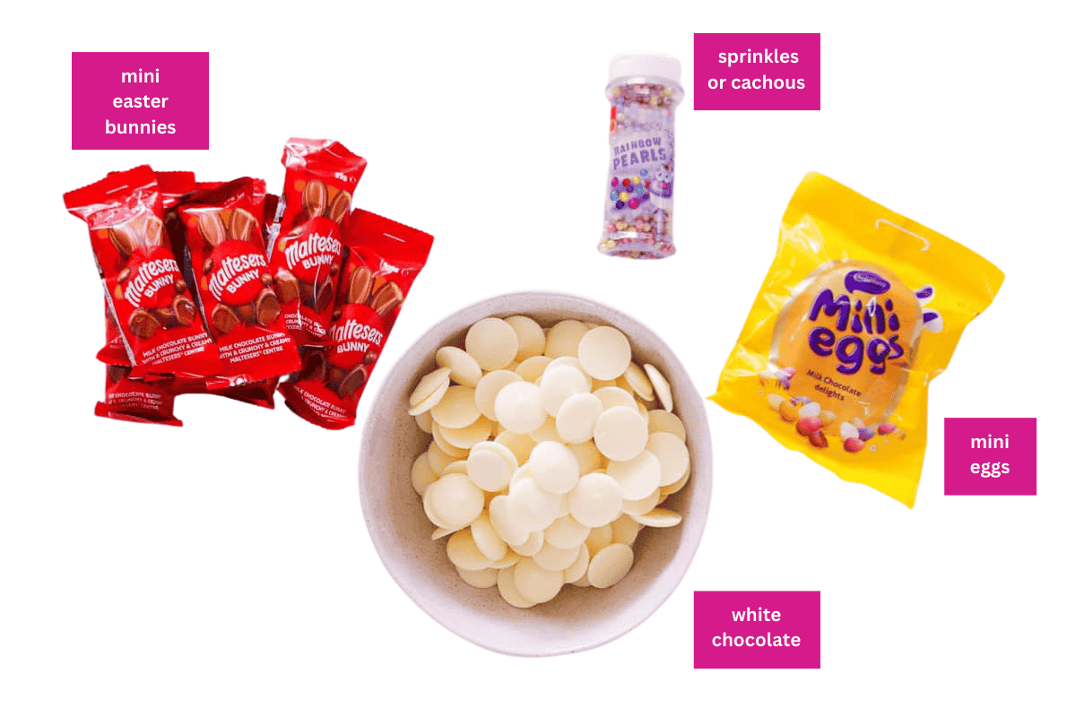 Mini easter bunnies, mini chocolate eggs, white chocolate and sprinkles on a white background.