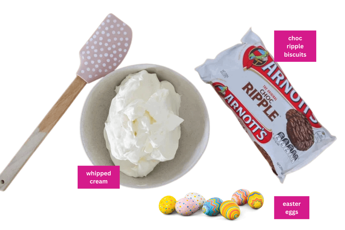The ingredients for a chocolate ripple cake with easter eggs.