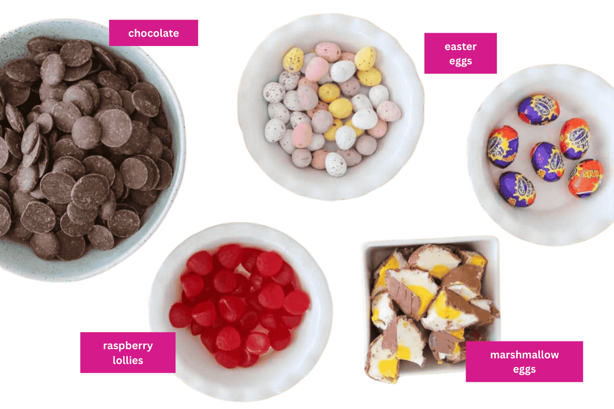 The ingredients for a chocolate rocky road filled with Easter eggs.
