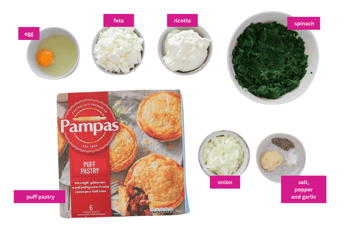 The ingredients for puff pastry rolls made with feta, spinach and ricotta.