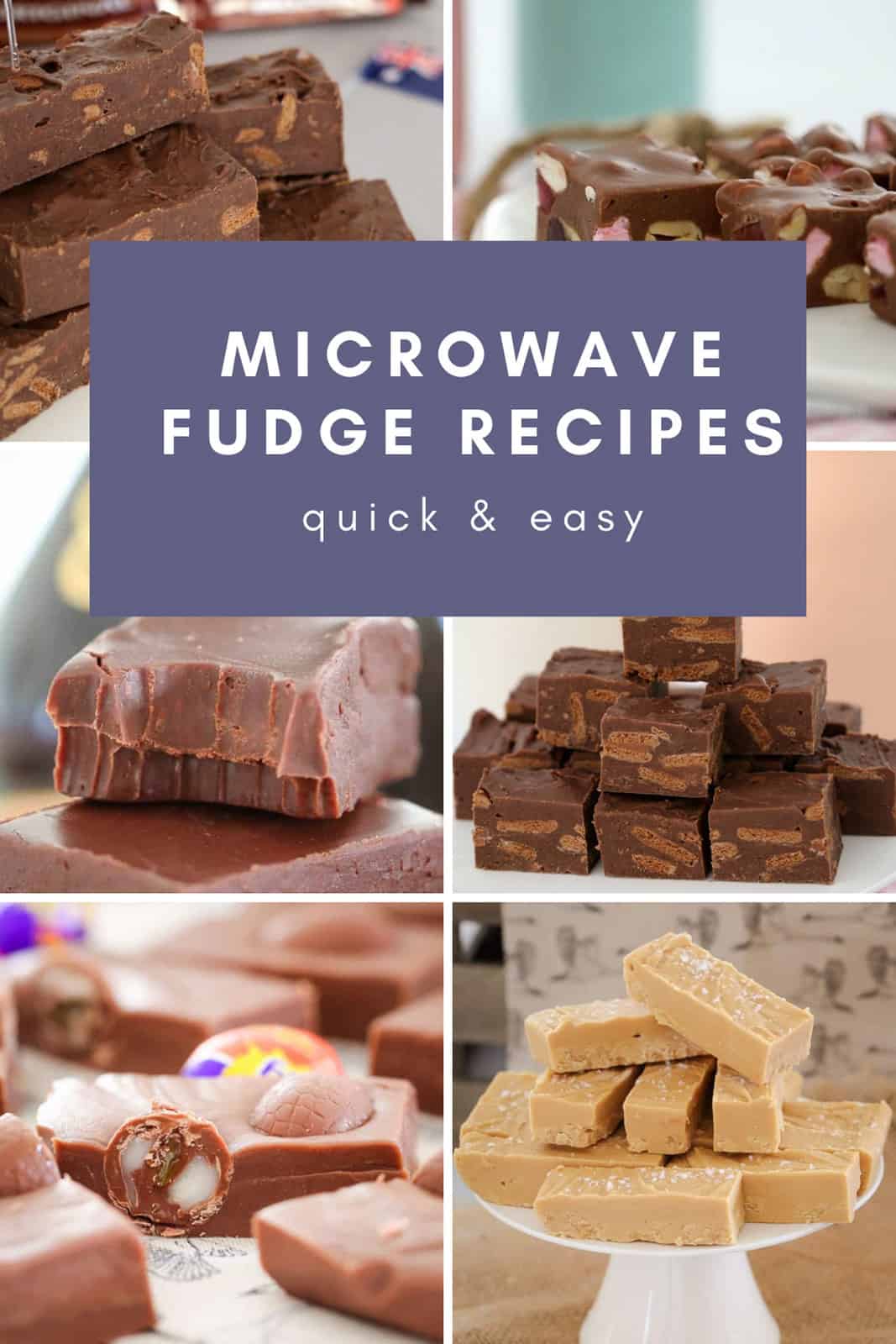A Pinterest image with the text overlay 'Microwave Fudge Recipes' and a collage of fudge images in the background.