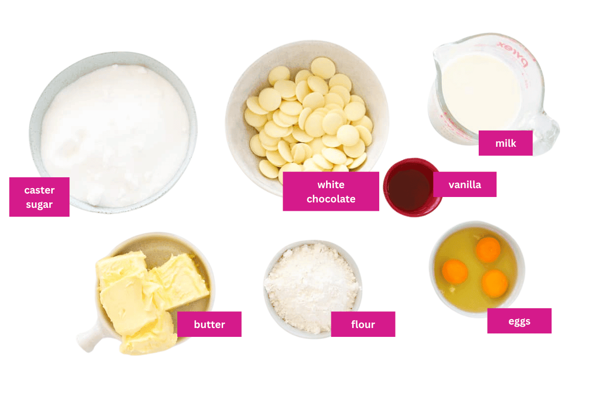 The ingredients for a white chocolate mud cake.