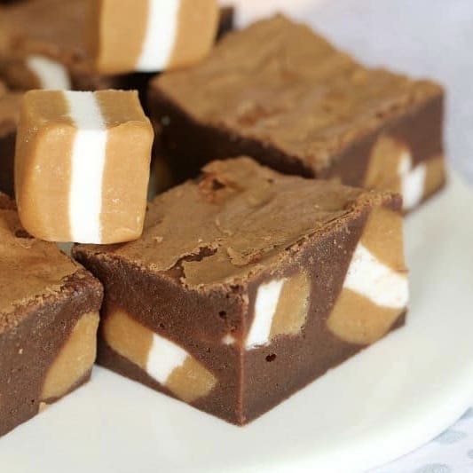 Squares of chocolate brownie filled with chewy caramels.