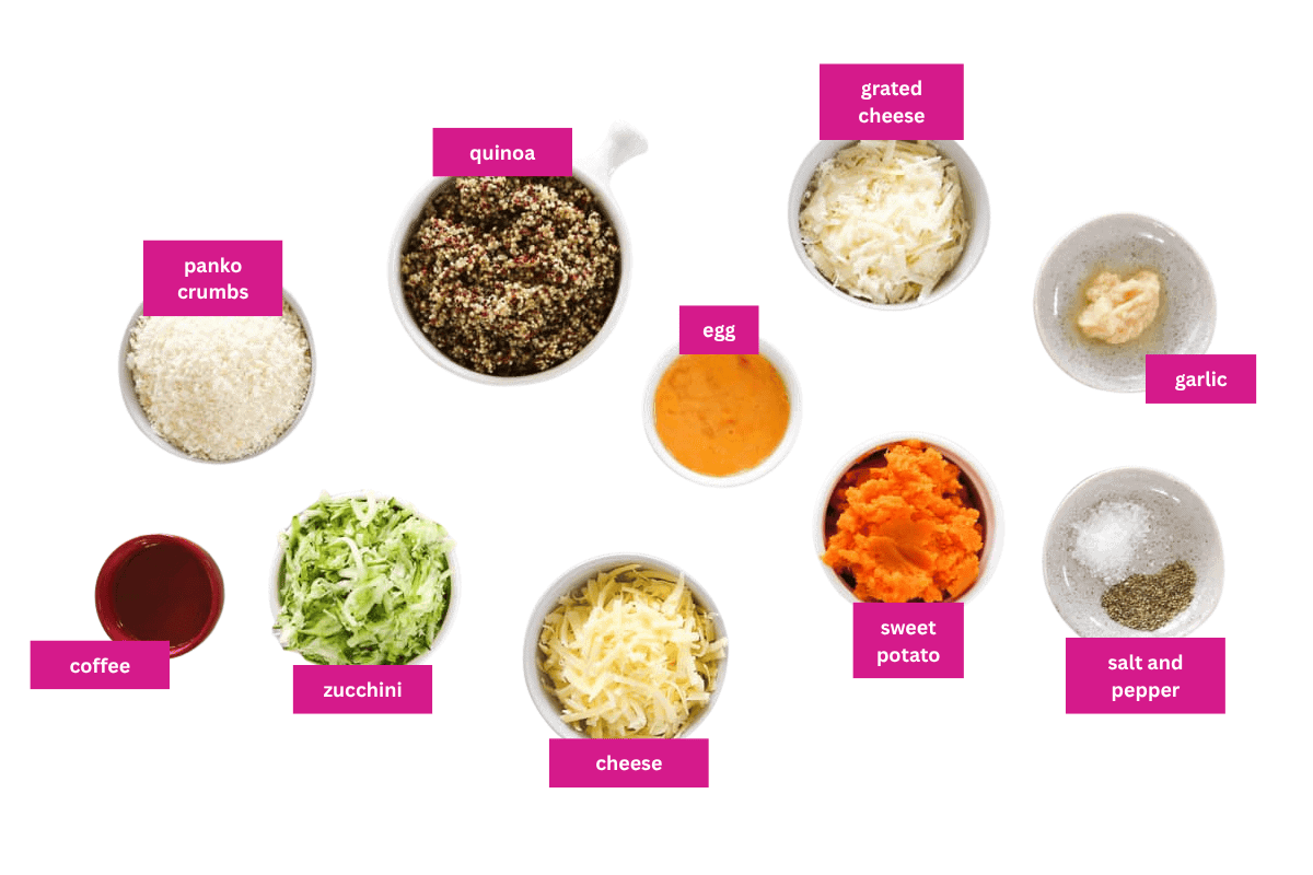 The ingredients for quinoa and vegetable fritters in small bowls.