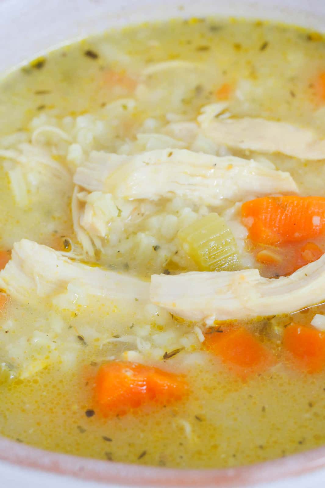A close up image of soup made with vegetables, shredded chicken and rice in a bowl.