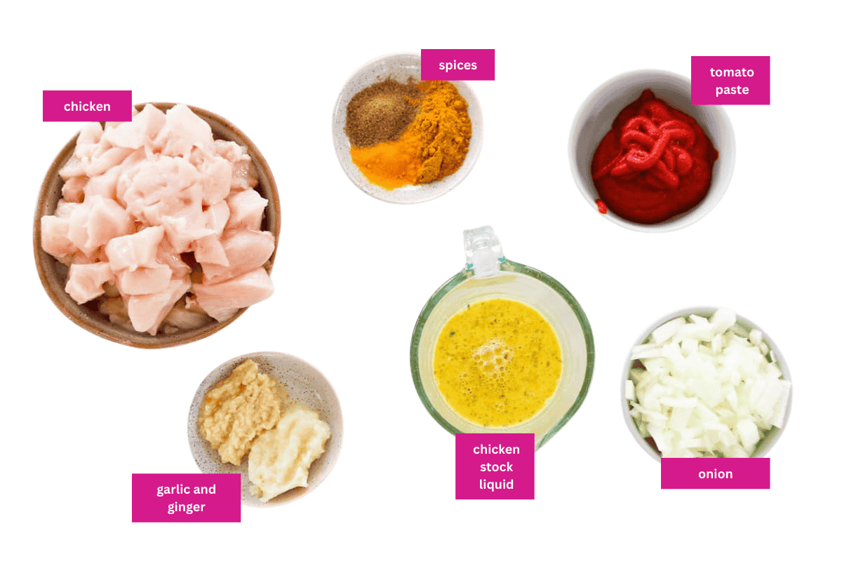 The ingredients for butter chicken in small bowls.