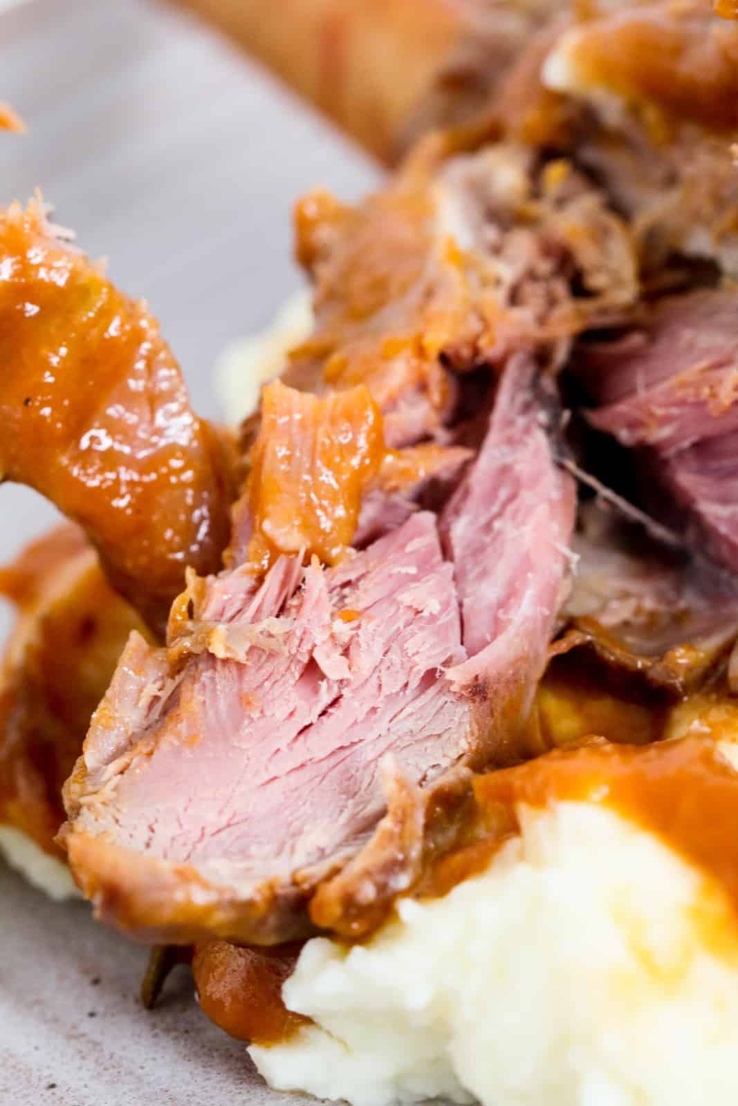 A close up image of cooked lamb with mashed potatoes and a tomato based gravy.