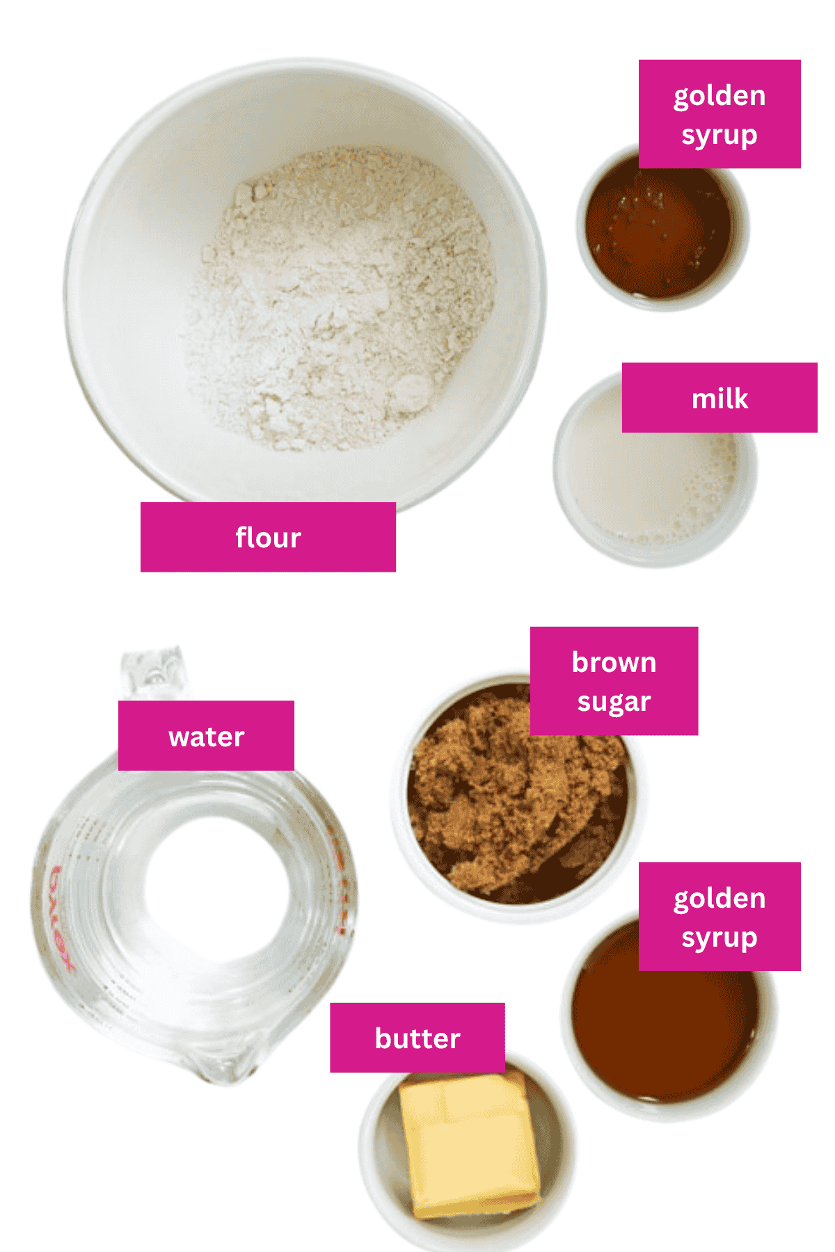 The ingredients for homemade golden syrup dumplings in small bowls.