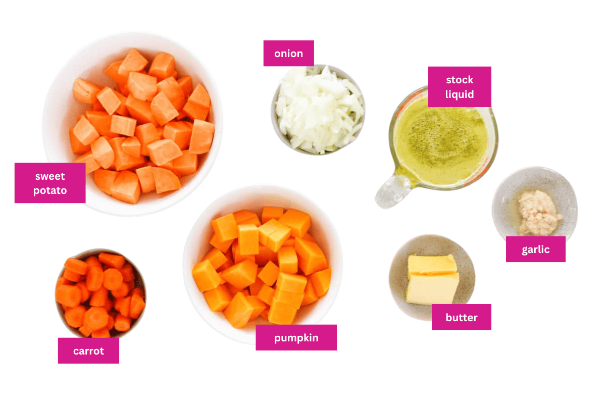 The ingredients for a soup made with sweet potato, carrot and pumpkin.