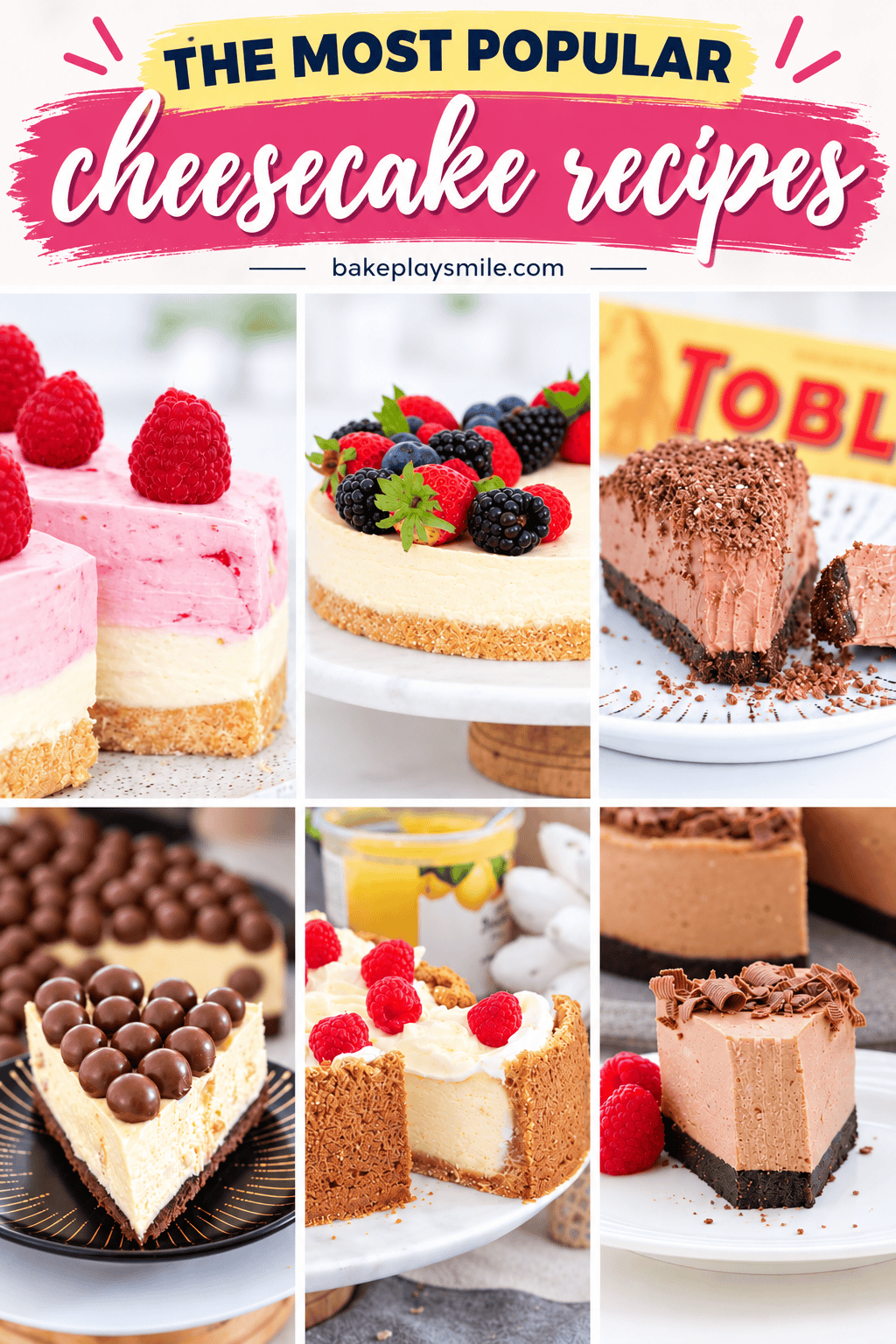 A collage of baked and no baked cheesecakes.