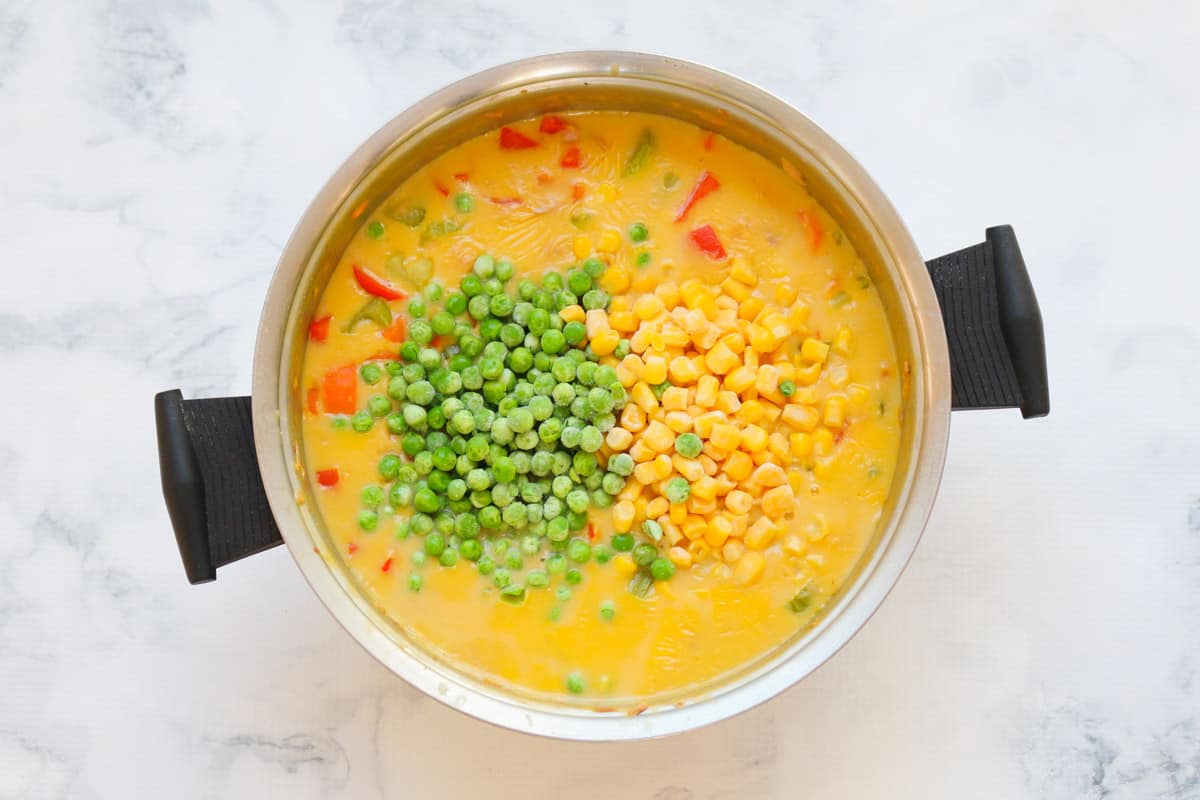 A mixture of soup and vegetables in a cooking pot on a bench top