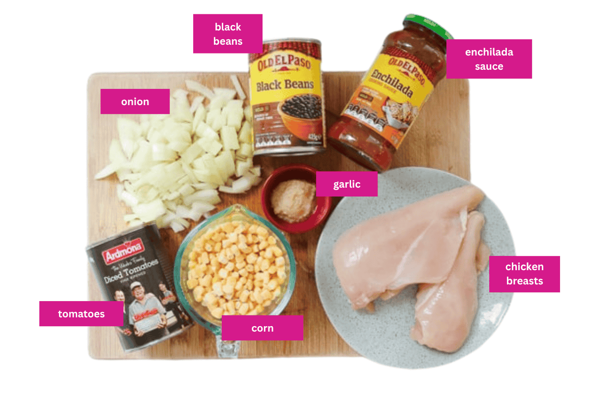 The ingredients for a Mexican chicken soup on a chopping board.