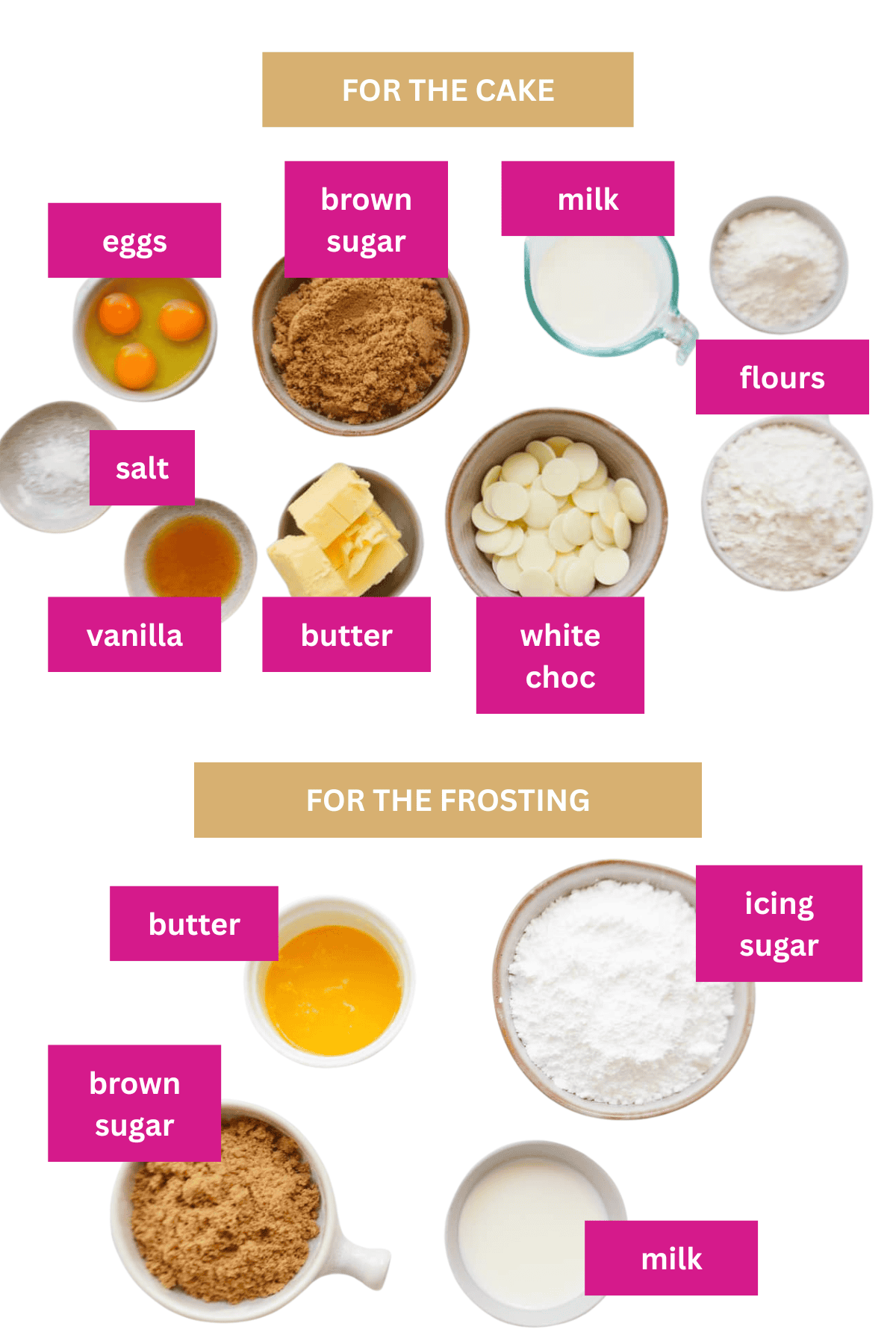 The ingredients for caramel mud cake and caramel frosting in small bowls.