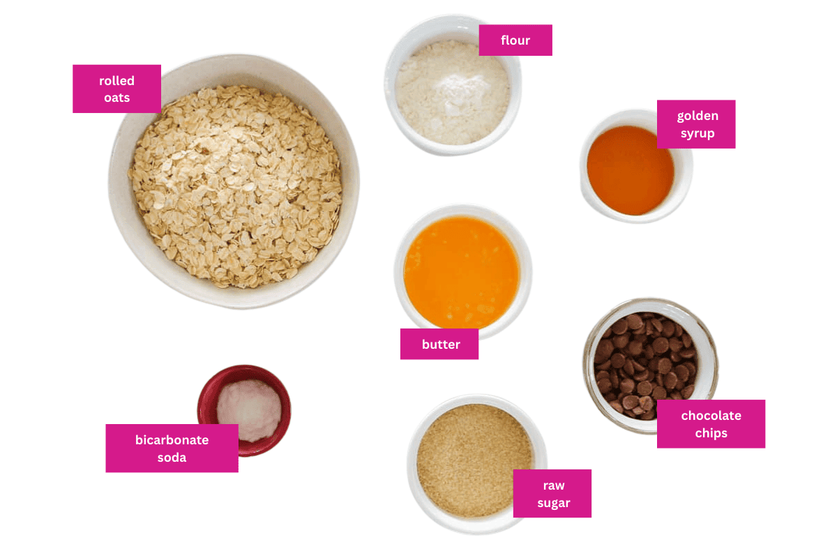The ingredients for oat biscuits with chocolate chips.