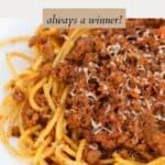 Thin spaghetti coated with a rich bolognese sauce and a sprinkle of grated parmesan.