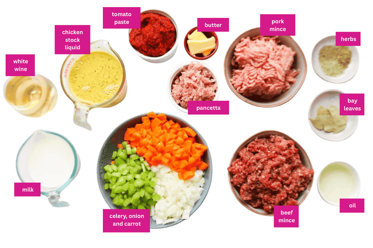 The ingredients for a bolognese sauce.