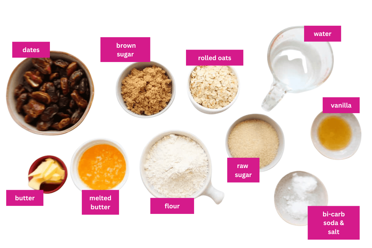 The ingredients for a crumble slice with a date filling in small bowls.