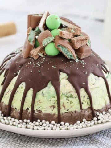 A triple layered chocolate, mint and vanilla ice cream cake.