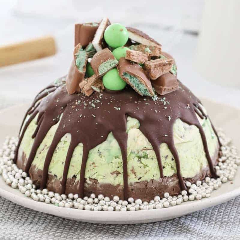 A triple layered chocolate, mint and vanilla ice cream cake.