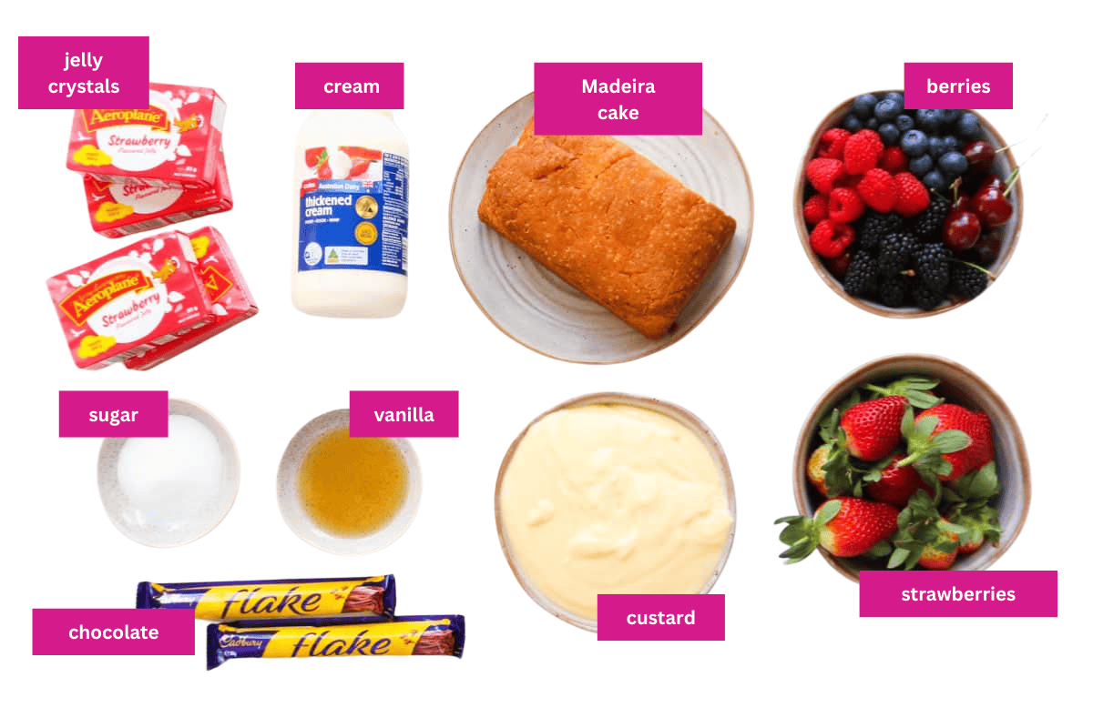 The ingredients for a no bake trifle made with seasonal berries.