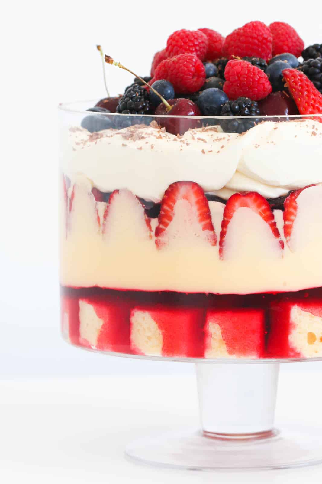 Layers of custard, jelly, cream, berries and cake in a dessert bowl.