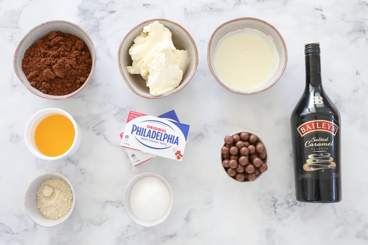 The ingredients for a Baileys Malteser Cheesecake.