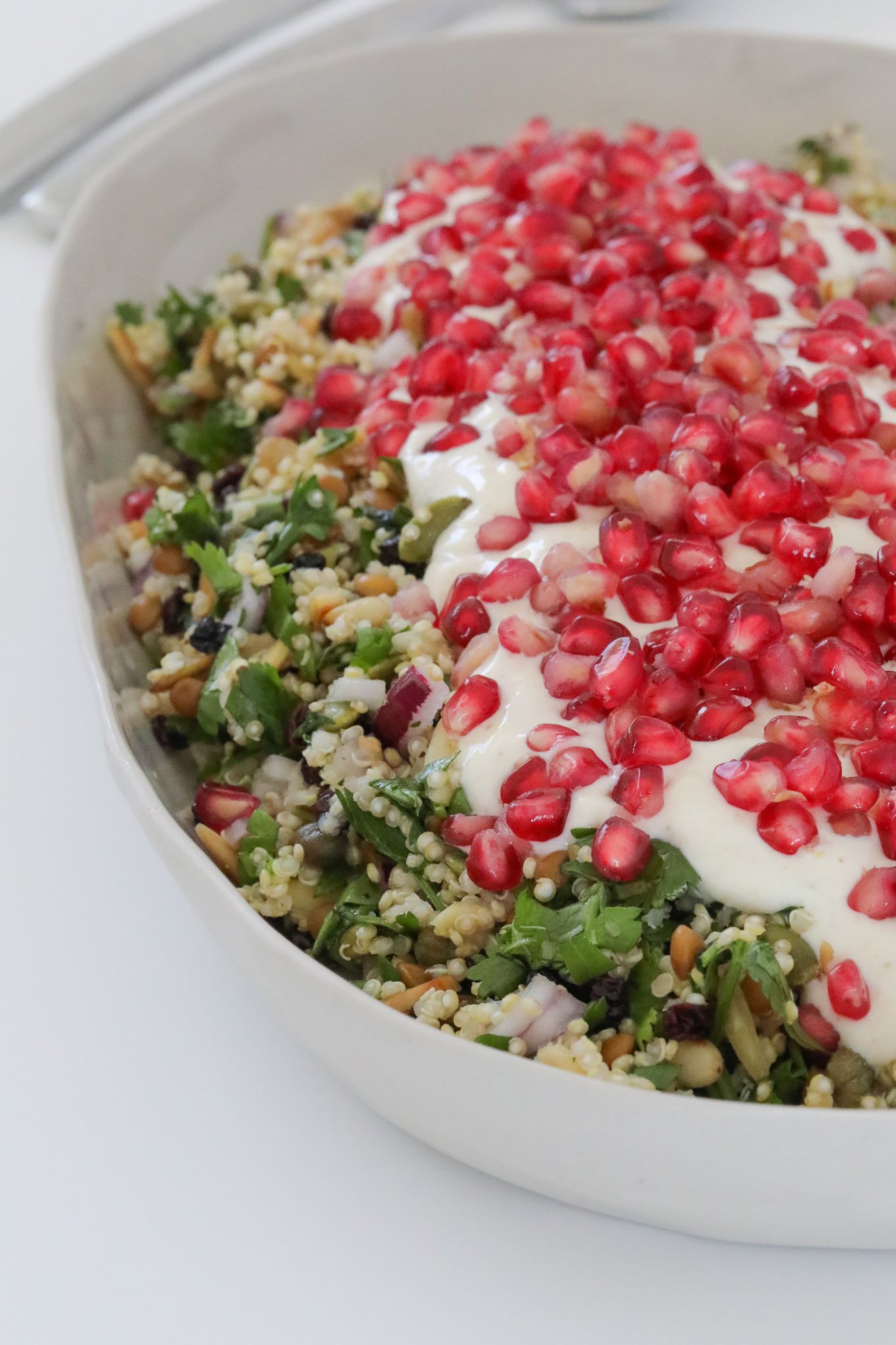 A rectangular serving dish filled with a pomegranate and yoghurt salad.