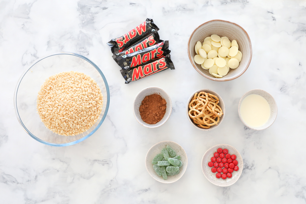 The ingredients for Mars Bar flavoured Christmas crackles.