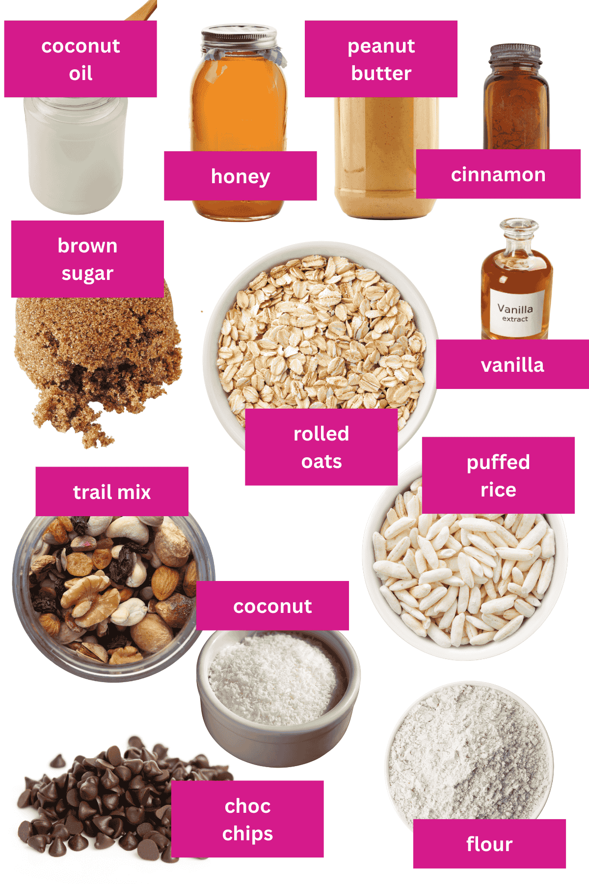 The ingredients for homemade muesli bars in small bowls.