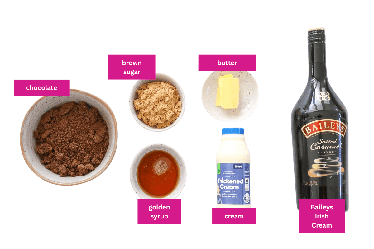 The ingredients for a sweet chocolate sauce with Baileys Irish Cream.