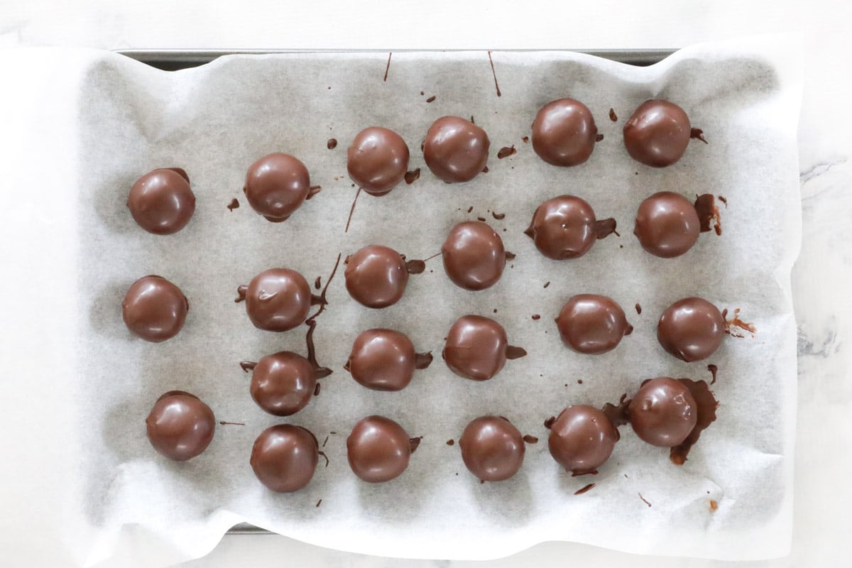 Chocolate coated balls on a baking paper covered tray.