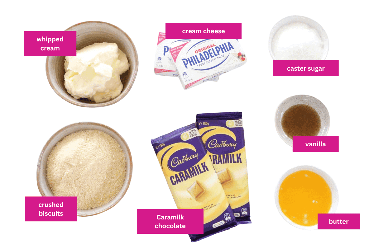The ingredients for a no bake caramilk cheesecake.