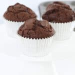 chocolate muffins on a white cake stand