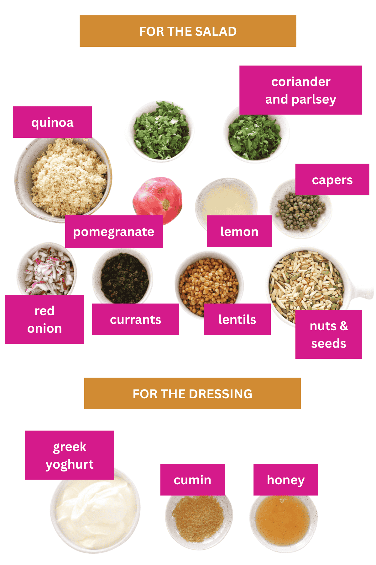 The ingredients for a cypriot grain salad in small bowls.