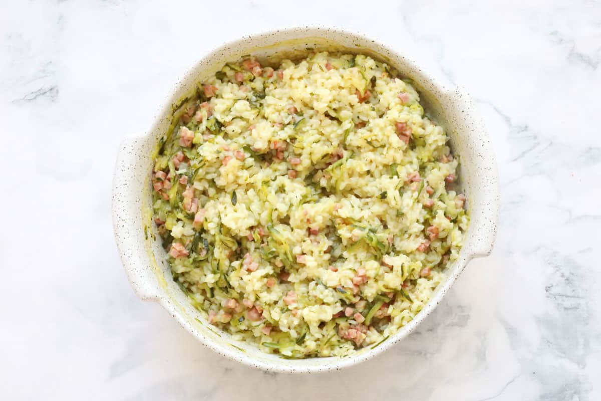 Risotto in a round baking dish.