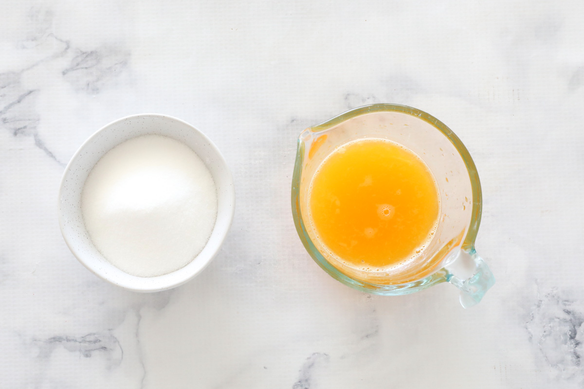 Orange juice and sugar for a syrup to drizzle over the top of baked muffins.