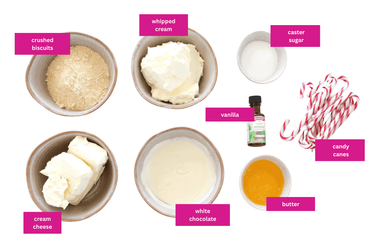 The ingredients for Christmas cheesecakes with candy canes in small bowls.