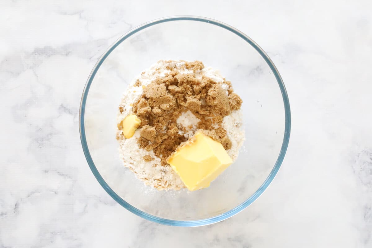 Crumble ingredients in a glass bowl