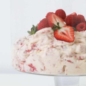 A trifle bowl filled with Eton Mess.