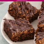 Dark chocolate drizled over pieces of a healthy date & oat slice