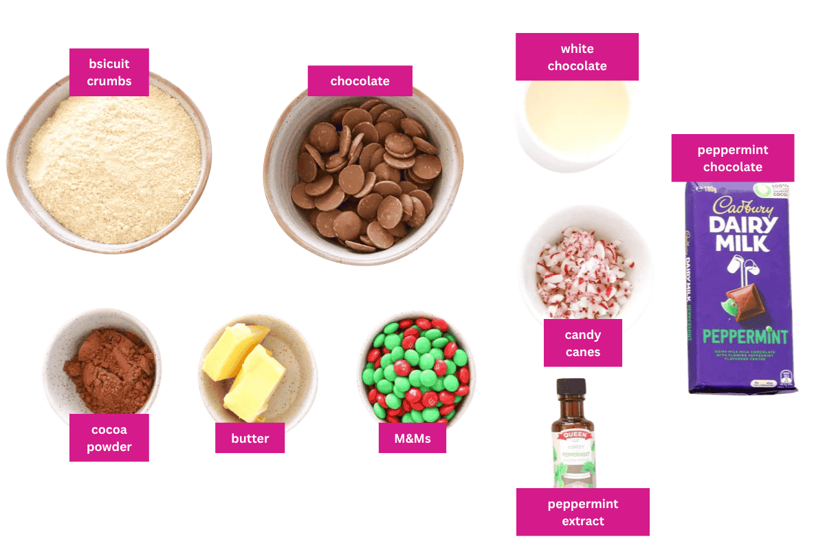 The ingredients for a Christmas Slice with peppermint chocolate in small bowls.