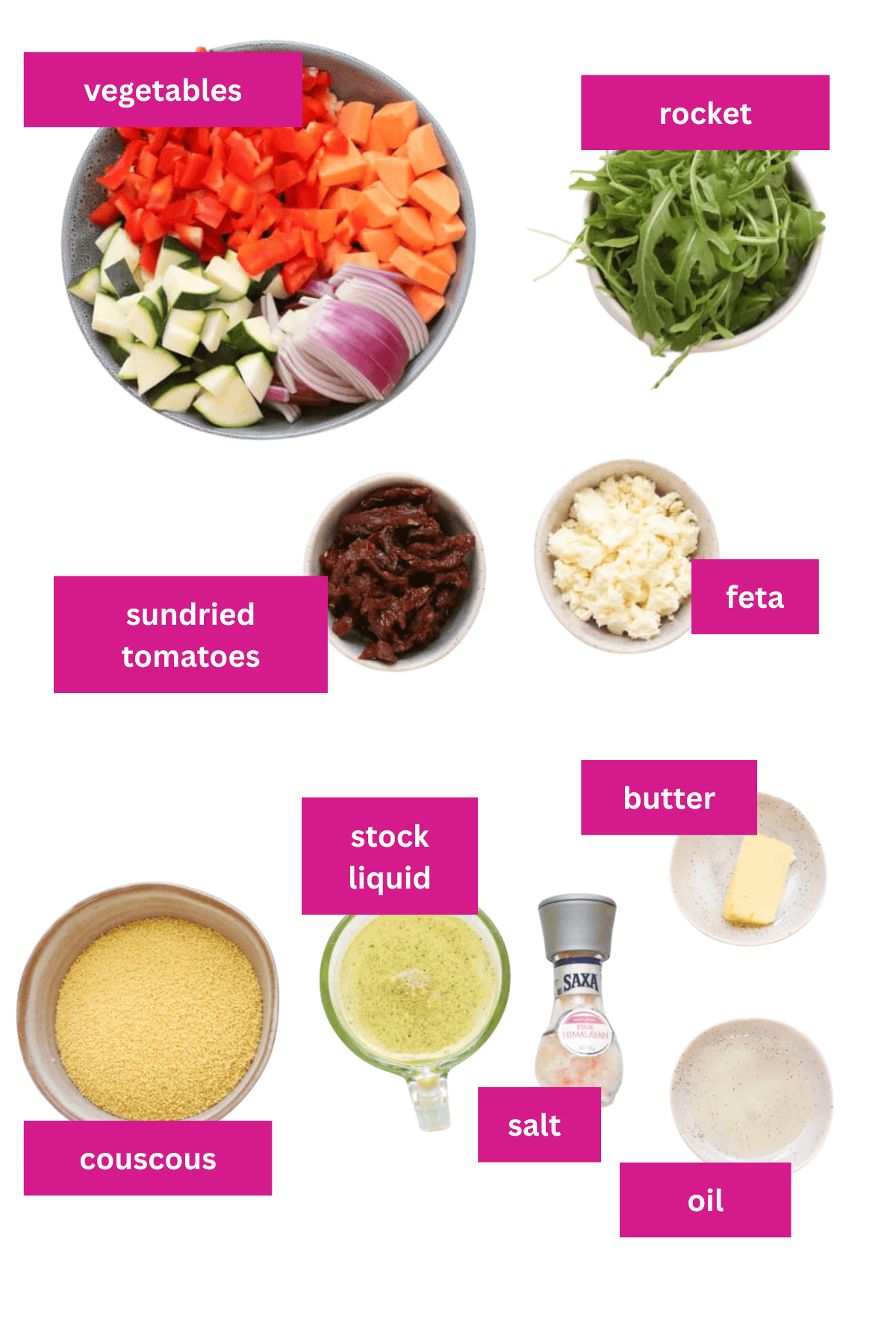 The ingredients for a vegetable couscous salad.