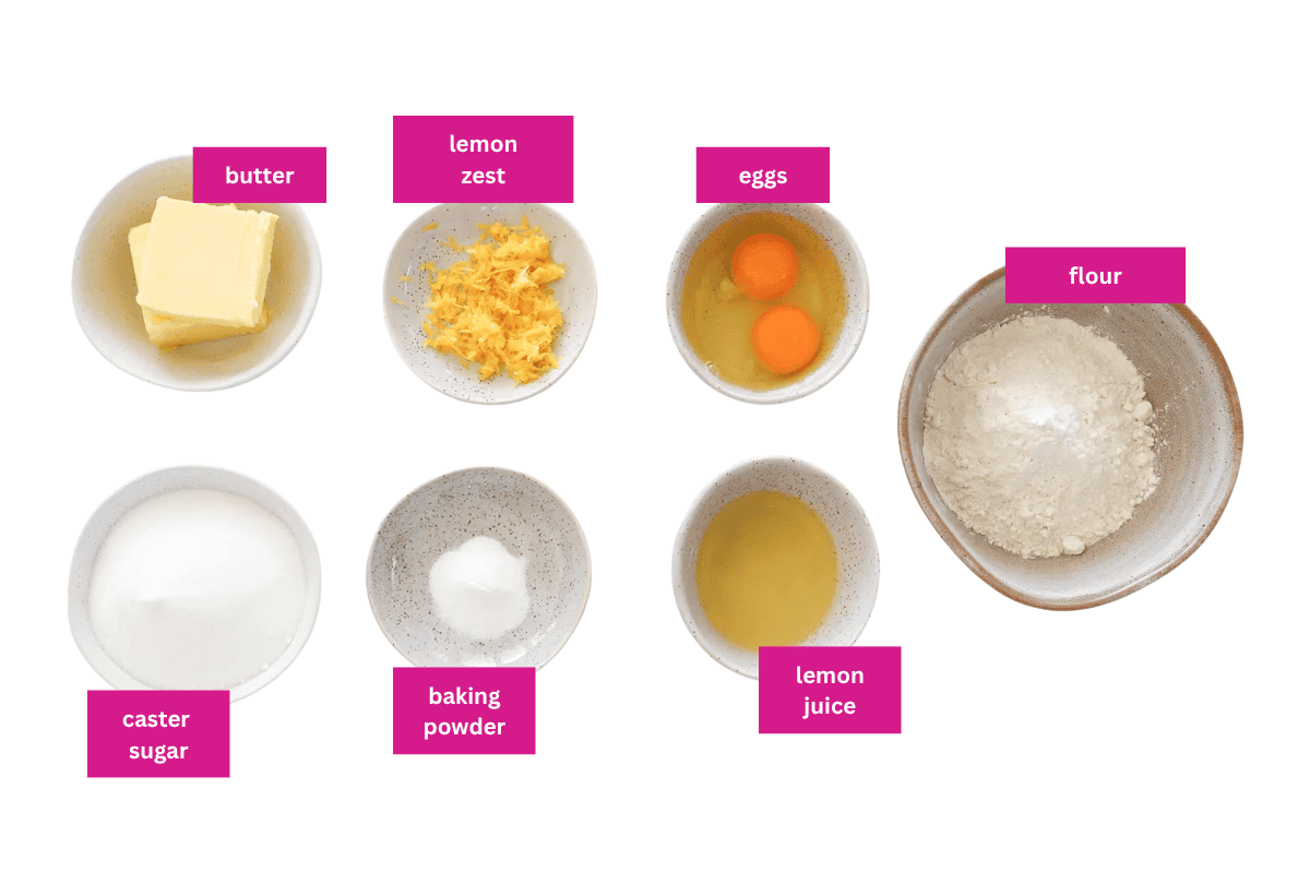 The ingredients for a baked lemon slice with frosting.