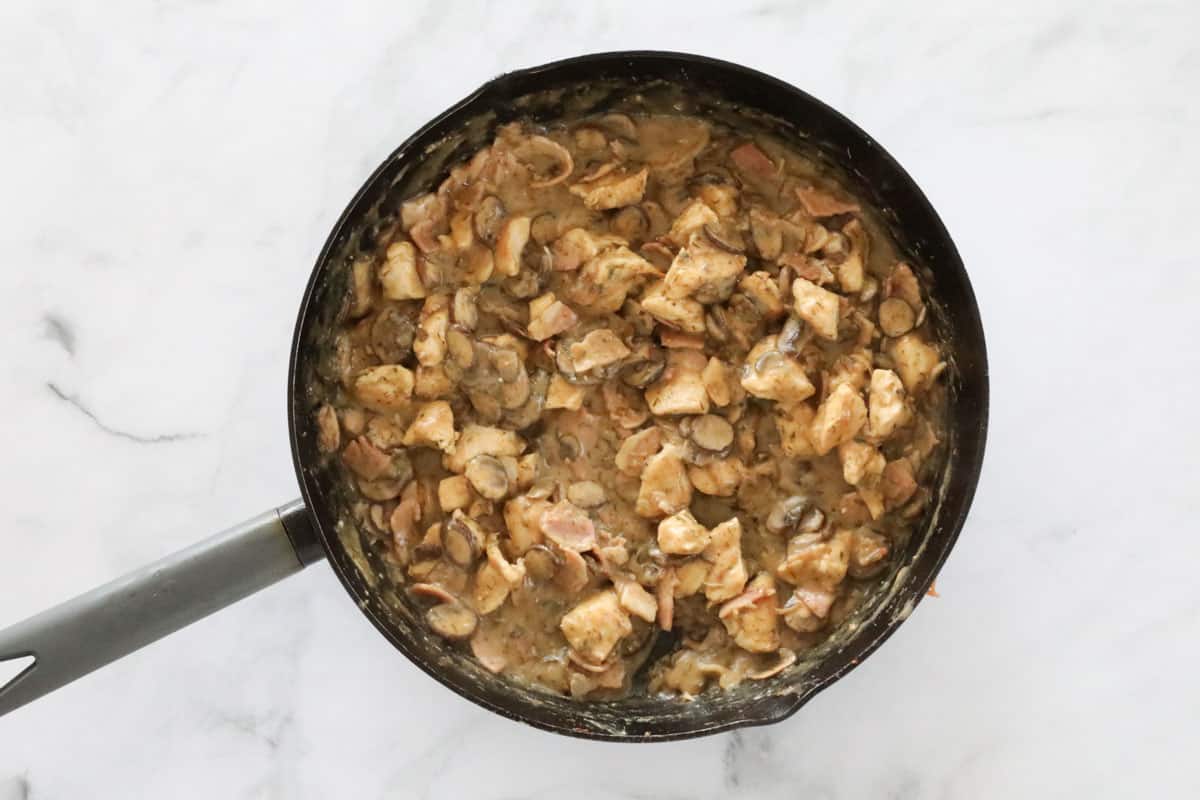 Chicken and mushrooms in thickened sauce in a pan.